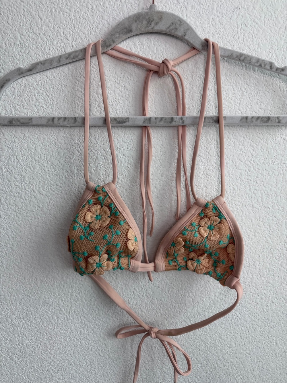 Montce Floral Embroidered Appliqué Swim Top Peachy Pink Turquoise Beach Resort L